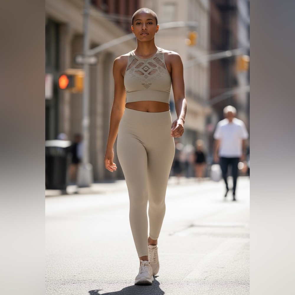 Aerie Seamless Eyelet Sports Bra Crop Top Tan Beige Size M NWT